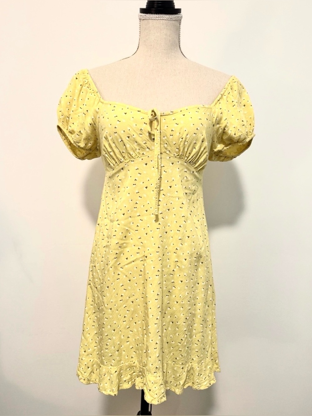 SO Yellow Puff Sleeve Floral Mini Dress with Front Tie Size XS